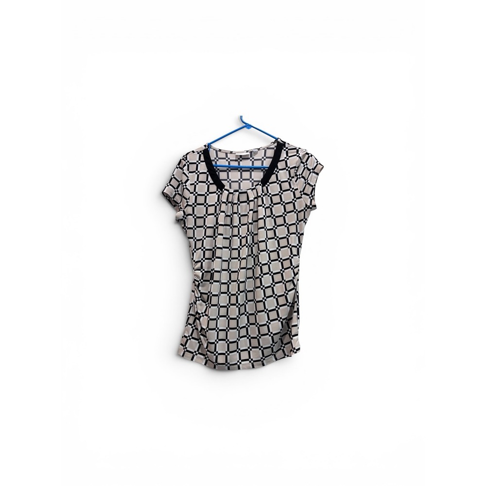 New York & Company Women M Top Geometric Grid Scoop Neck Pleated Stretch Blouse